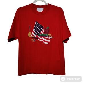Vintage Sz L P.S. Originals Red Teacher Short Sleeve T Shirt Apple Flag Bell